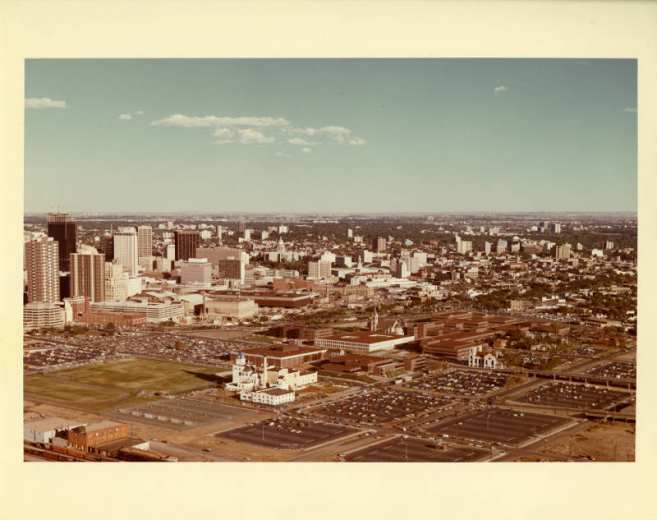 Aerial view of  Auraria Higher Education Center, Tivoli in foreground