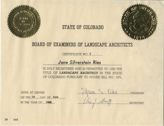 State of Colorada Board of Examiners of Landscape Architects certificate number #3, dated June 1, 1968.  Silverstein Reis was the first woman to receive a certificate from the board.    