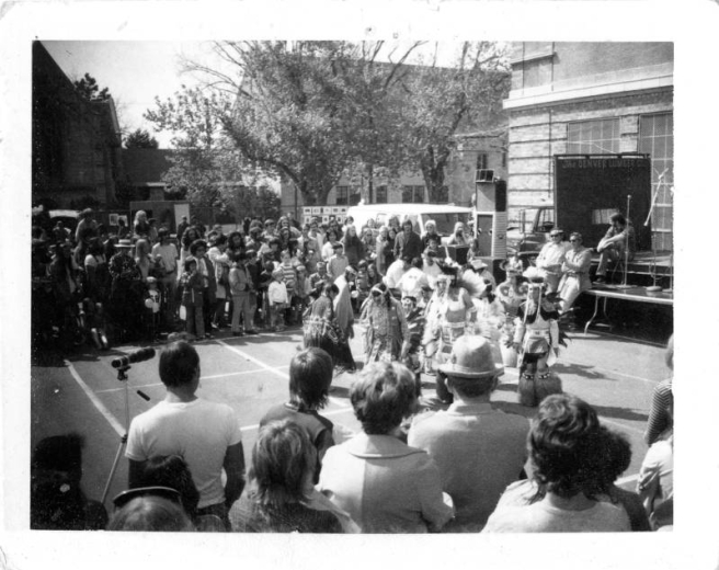 People's Fair, crowd watching Native American dancers