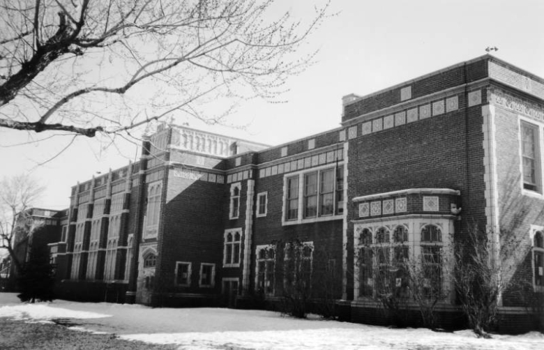View of the Fairmont School at 3rd (Third) and Elati Streets in the Baker neighborhood of Denver, Colorado; features bay windows and ceramic trim.