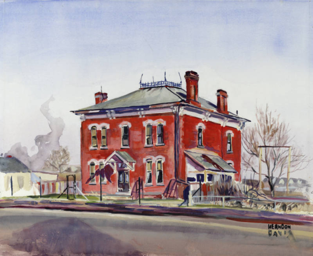 Watercolor and gouache painting shows the Rufus A. Clark house at 1395 South Cherokee in the Overland Park neighborhood of Denver, Colorado; features a cornice and a widow's walk.