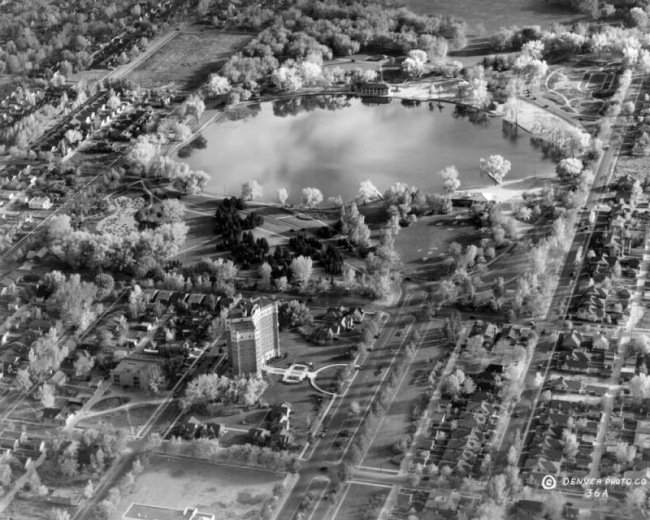 Aerial view of Smith Lake and the Washington Park neighborhood in Denver, Colorado. Landscaping designed by S.R. DeBoer. The Park Lane Hotel is nearby.