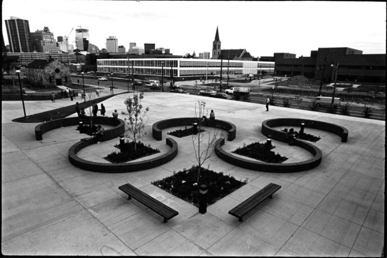 Courtyard on campus, Auraria Higher Education Center, Library and Media Center, Emmanuel Chapel/Gallery in background
