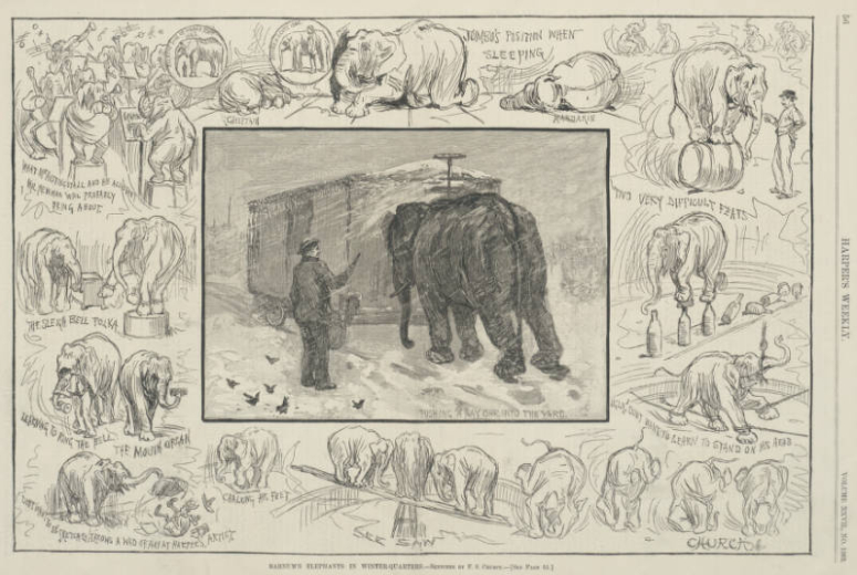 An elephant pushes a railroad car with its head during a snowstorm; a trainer stands nearby. In a border, P.T. Barnum circus elephants are trained to use props and perform tricks.