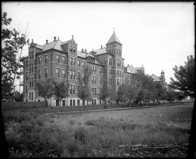 Exterior view of Saint Anthony's Hospital, West 16th (Sixteenth) Avenue and Quitman Street, Denver, Colorado; located on west side of Sloan's Lake; founded by the Sisters of St. Francis Seraph, completed in 1893, additions were made in 1901 and 1920.