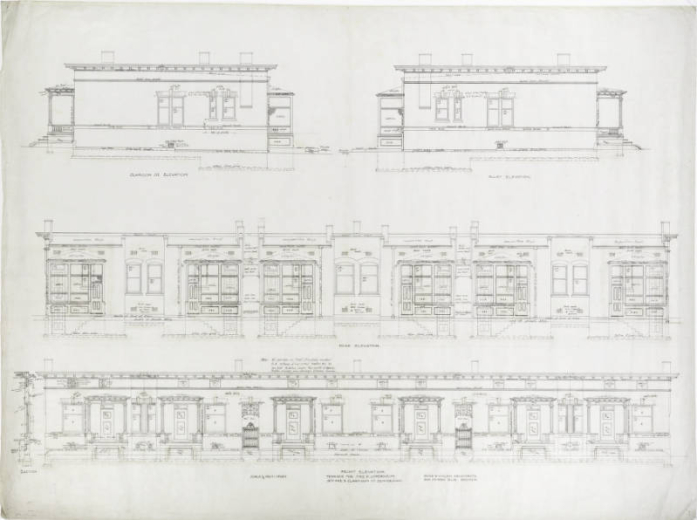 This item (1 of 179) is from the Gove and Walsh Architectural Drawing 1888-1926 collection (C MSS WH1542). This drawing shows outer wall details of row homes at 18th Avenue and Clarkson Street, North Capitol Hill Neighborhood, Denver, Colorado and was commissioned by Mrs. K. Oppenheim.