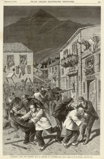 View of an anti-Chinese riot on a street in Denver, Colorado. Rioters assault Chinese men, throw belongings out of windows and use wooden beams to destroy frame buildings. Rioters wear hats and sack suits, and Chinese men have queues (braids) and wear shan ku (tunic and trousers) and bu xie (cotton shoes).