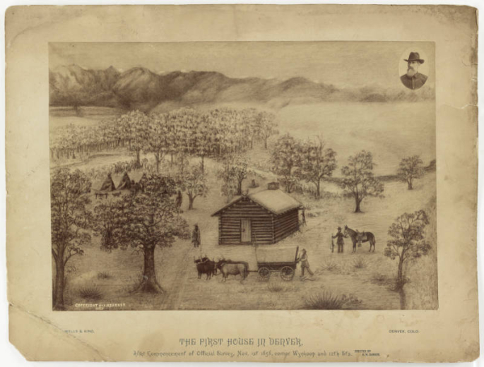 Photo is a copy of a primitive drawing by A.H. Barker mounted on card.  The drawing shows what is purported to be the first house built in Denver, Colo. once located at 12th and Wynkoop Street.  A photographic portrait of Barker in the upper right hand corner has been inset into the original negative.
