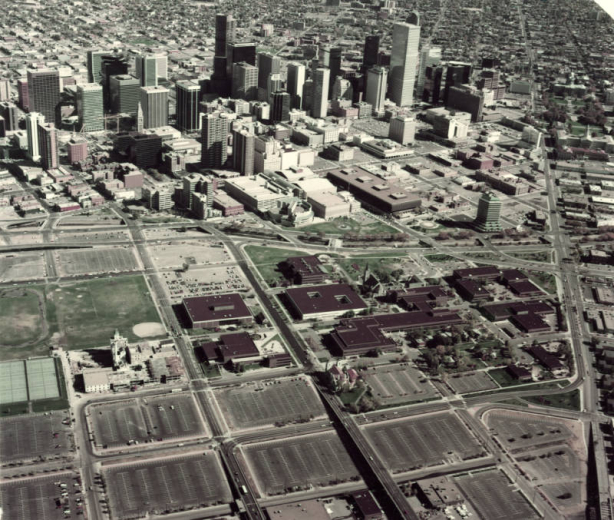 Aerial view of the new Auraria Higher Education Campus (AHEC) not long after redevelopment leveled most of Auraria in the 1970s. Denver's central business district can be seen to the east.