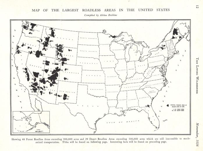 Robert Marshall & Althea Dobbins, "Largest Roadless Areas in the United States", in THE LIVING WILDERNESS (November 1936).