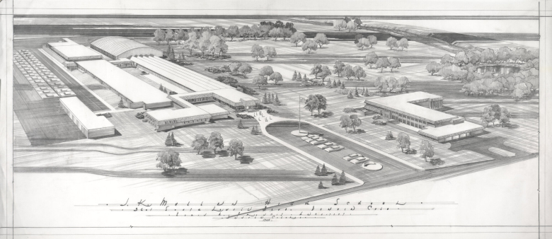Perspective (aerial) of the modern style Mullen High School (Catholic) campus, 3601 South Lowell Boulevard, Fort Logan neighborhood, Denver, Colorado, ca. 1964. The perspective shows the location of the gymnasium, classroom and administration buildings in relation to the parking and lawn areas.