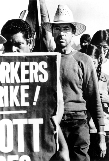Shows United Farm Workers of America Union members as they walk down a road, possibly in Colorado, in support of California farm workers on strike. They called for a boycott of grapes and of Safeway Incorporated.