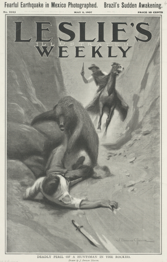 A bear attacks a hunter in a narrow canyon in the Rocky Mountains. The man has fallen to the ground; his shirt is torn at the shoulder and his bowie knife is out of reach on the ground. A second hunter on horseback holds a pistol, and approaches the bear.