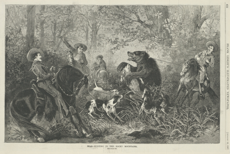 A bear is captured with ropes tied around its neck in a wooded ravine in the Rocky Mountains. Dogs jump at the captured bear. Hunters on horseback wear clothing that includes fringed buckskin, wide-brimmed hats, and a sailor shirt.