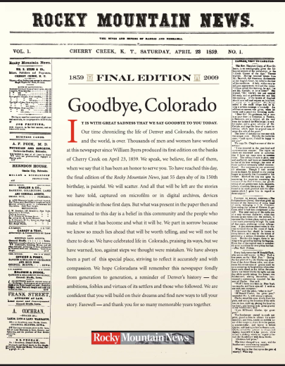Front Page of the Final Edition of the Rocky Mountain News
