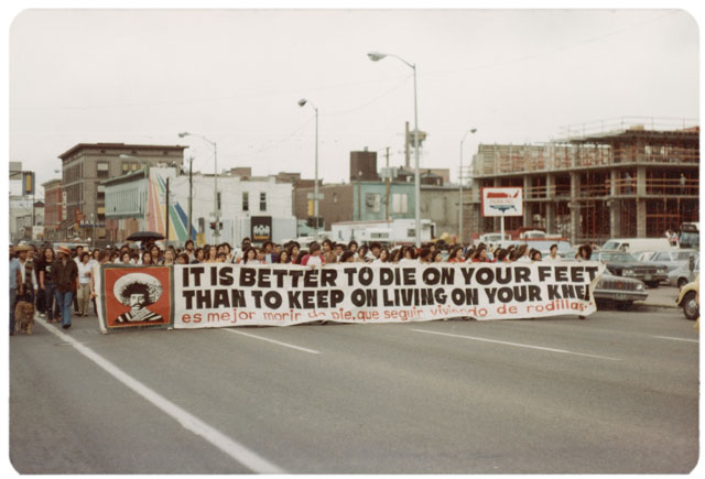 Students march with banner