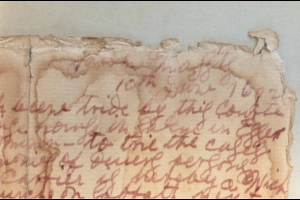 View of the upper right corner of the Forged Salem Massachusetts 1692 death warrant for Martha Currier, M1429.