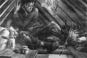 Artist's rendering of the Spider Man in his attic refuge. The American Weekly, 1942.