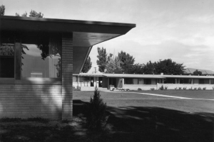 View of the Colorado State Home and Training School (or Ridge Home), an institution for the mentally handicapped, in Ridge, Jefferson County, Colorado; shows brick buildings with low gabled roofs and wide eaves.