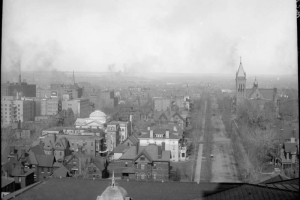 Right side of the panorama view from Capitol building, Denver, Colorado; shows a turret, the Brown Palace Hotel, Hotel Metropole on Broadway and view north along Sherman Street past the Central Presbyterian Church.