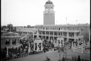 View of the White City amusement park (later named Lakeside) west of Denver, Colorado; shows small pavilions with banners, bandstand, and casino.