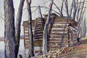 Watercolor and gouache painting shows the Eldorado Hotel, at 1249 10th (Tenth) Street, (10th near Larimer) Denver, Colorado. Built by Henri and Katrina Murat, This log building was the first hotel in the Denver area.