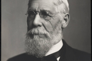Studio portrait of Davis Hanson Waite, Governor of Colorado and Populist Party member in probably Denver, Colorado. Davis Waite has a beard and moustache and wears a dark suit, bow tie, and oval shaped wire spectacles.