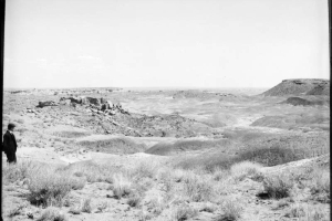 View of Badlands, Arizona, possibly Painted Desert area; shows man standing at left center.