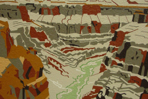 This painting depicts an aerial view of the Colorado River as it winds its way through the banded hills of the Grand Canyon. The painting was created in an original and distinctive technique that the artist calls “Neogeometric.”