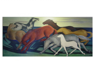 Photograph of oil-on-canvas painting of seven horses running in a curve