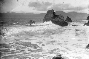 View of the Golden Gate channel between San Francisco Bay and the Pacific Ocean, San Francisco, California. Shows Seal Rocks and Point Bonita in the distance.