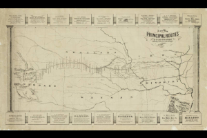 Gold rush map promoting Nebraska City as a supply center, showing railroads, rivers, territorial boundaries, and types of resources available along the route. Advertisers from Nebraska City surround map.