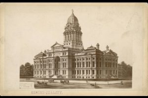 View of the Arapahoe County Court House, designed by architect Elijah E. Meyers, located between 15th (Fifteenth), 16th (Sixteenth) and Tremont Streets and Court Place in Denver, Colorado. The Federal Revival style building has a tower, cupola, pediments, and columns and was designed by architect E.E. Myers.