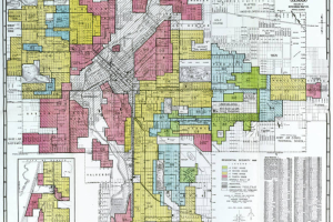 Map is dated August 15, 1938 and illustrates the redlining of neighborhoods in the City and County of Denver where minorities were excluded from receiving home loan funds because they were considered poor economic risks. Redline aspects added to commercially published map by Hotchkiss entitled: Guide map of Denver and suburbs, Colorado.