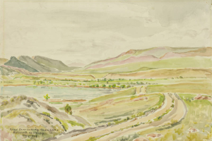 Title printed in watercolor on artwork.; Signed LL: "Elizabeth Spalding, May 1939"; Notes in ink on verso: "Painted on Mt. Morrison Road overlooking Soda Lake May 1939.; By Elizabeth Spalding 853 Washington Denver Colorado; Title 'Road Overlooking Soda Lake in May'; Invited by Mrs. Caroline Tower [for show?] at Woman's Club Denver [Monday] July 15, 1940 in a group of E.S. water colors"; Number #TIN-0656 on DAM inventory.