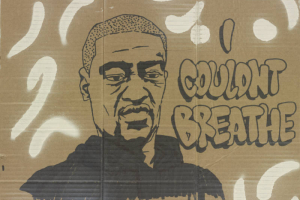 Poster gathered near Civic Center Park in Denver after a protest that took place in the aftermath of the George Floyd murder. The text reads "I couldn't breathe" and shows a drawing of George Floyd. 