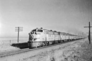 View of express passenger train 18, "Portland Rose," near Henderson, Colorado.