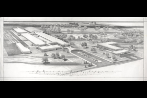 Perspective (aerial) of the modern style Mullen High School (Catholic) campus, 3601 South Lowell Boulevard, Fort Logan neighborhood, Denver, Colorado, ca. 1964. The perspective shows the location of the gymnasium, classroom and administration buildings in relation to the parking and lawn areas.