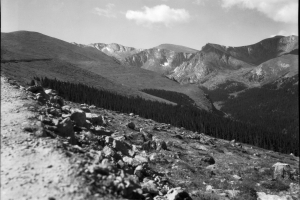 Black and white photograph of Mount Evans at a distance.