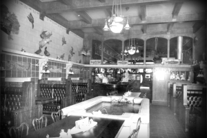 Interior view of the Watrous Cafe in Denver, Colorado; decor includes a fountain / trout pool, a coffered ceiling, stenciled ornaments, hanging lamps, tuck and roll upholstery, painted ceramic tiles, and taxidermic mounted animal heads, fowl, and fish. 